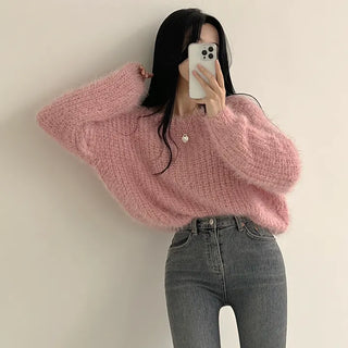 Flowing Delicacy, Angora Boat Neck Loose Fit Long Sleeve Knit