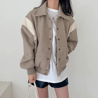 Kidren Wool Leather Contrast Blouson Baseball Jacket Collar Jacket