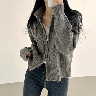 Guaranteed in Person, Two-Way Zipper High-Neck Cable Knit Air Wool Zip-Up Cardigan