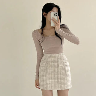 Stretchy Slim Fit, Square Neck Ribbed Long Sleeve Knit T-shirt