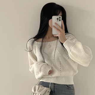 Innocent Mood, Square Neck Punched Hacci Balloon Puff Long Sleeve Knit