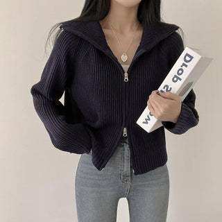A Spoonful of Delicacy, Loose-fit Two-way High-neck Zip-up Knit Cardigan