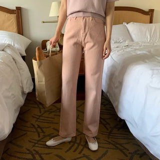 High-waisted Pink Wide Straight Cotton Pants 5col