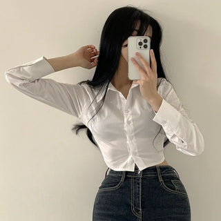 Subtly sexy~ A truly flattering fit, Cropped Long Sleeve Shirt with Elastic Waist