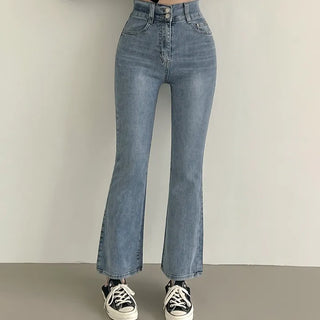 Slimming Waist, Two-Button Semi-Bootcut Denim Pants