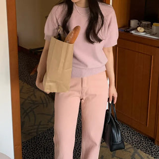 Soft Pastel Spring Round Short Sleeve Knit Tee