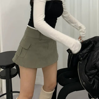 Suede Pocket Mini Skirt Unique Street Skirt-Pants Khaki Black