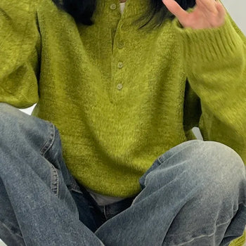 Mock turtleneck knit unisex oversized button winter couple look green blue white