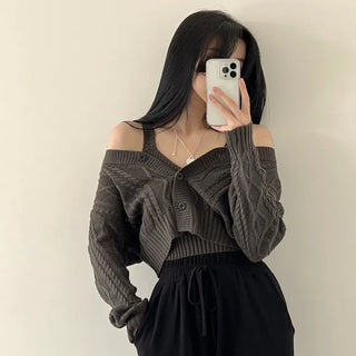 Delicate Cable Knit V-Neck Crop Cardigan + Bustier Sleeveless Two-Piece Set