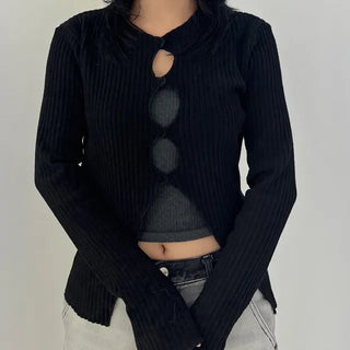 Three-hole knit tee sleeve hole tee layered hole