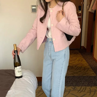 Collarless Round Tweed Short Cropped Jacket