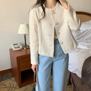 Collarless Round Tweed Jacket Cropped Short Jacket