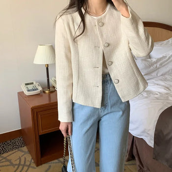 Collarless Round Tweed Jacket Cropped Short Jacket