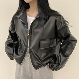 Adjustable Fit, Leather Collar Drawstring Short Jacket