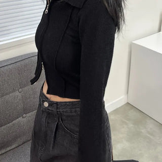 Cut-out knit zip-up, cropped zip-up, unique street style, stretchy fit, double-pleated zip-up