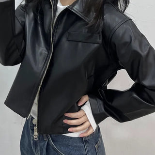 Cropped Leather Jacket Satin Leather Spring Jacket Two-way