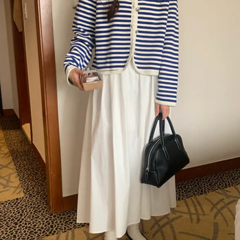 Back Elastic White Cotton Skirt Pintuck Flare Skirt
