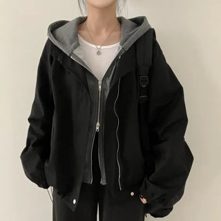 Layered Look, Two-Way Hooded Zip-Up Drawstring Cotton Jumper