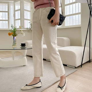 Chloe High-Waisted Stitch Cream Cotton Straight Denim Pants