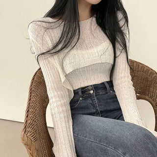 Delicate Mood, Boucle Ribbed Cropped Long Sleeve Knit + Sleeveless Two-Piece Set