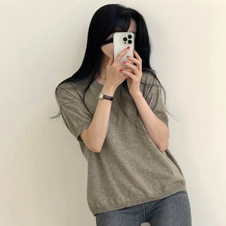 Hip-length Linen V-neck Short Sleeve Knit
