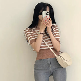 Cinched Waist, Bamboo Striped Short Sleeve Knit