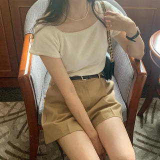 Soft, delicate fit square neck short-sleeve knit