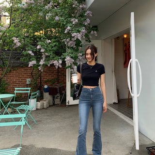 Amazing Long High Fake Pocket Medium Blue Bootcut Pants