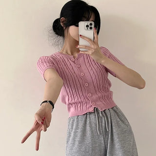 Slim-fitting Cable Knit Round Cropped Short Sleeve Cardigan