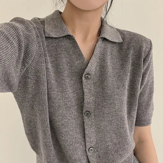 That Summer, Soft Linen Collared Short Sleeve Knit Cardigan