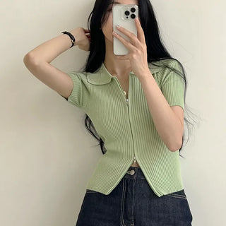 Soft, Ribbed Collar Two-way Zip-up Short Sleeve Knit Cardigan