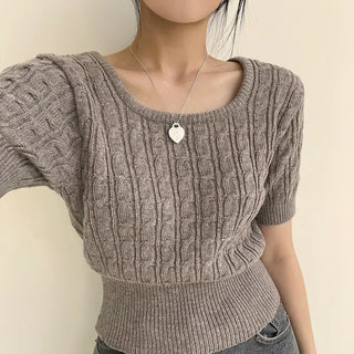 Lovely Mood, Cable Knit U-Neck Crop Short Sleeve Knit