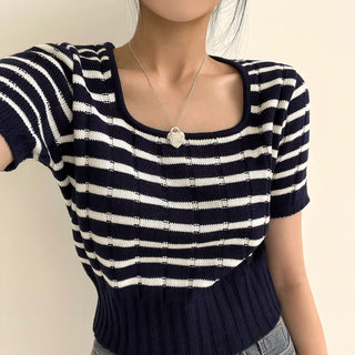 Striking Point, Striped Square Neck Crop Short Sleeve Knit