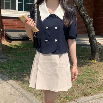 Lovely Double-Button Contrast Big Collar Puff Short Sleeve Blouse