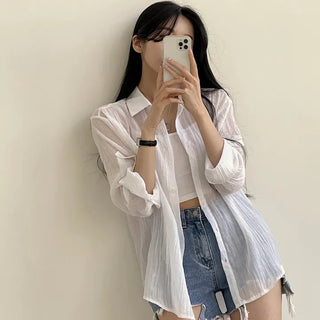 Sun protection! Loose-fit see-through gauze long-sleeve shirt capturing a delicate vibe