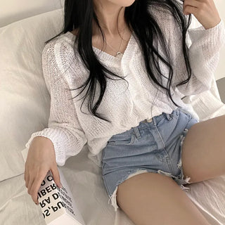 Delicate Loose Fit Boucle See-through V-Neck Long Sleeve Knit Cardigan