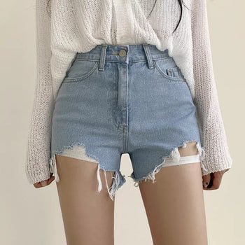 A Spoonful of Refreshment, Light Wash High-Waisted Distressed Cut Denim Shorts