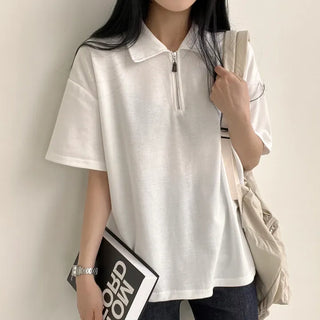 Comfortable Oversized, Half-Zip Collared Plain Short-Sleeve T-Shirt