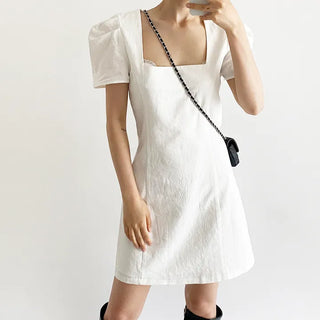 Summer Deep Square Dress   Summer Vacation Resort Look Puff Short Sleeve Square Neck White Mini Dress