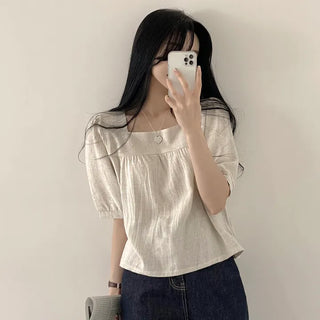 Delicate Linen Square Neck Puff Short Sleeve Blouse