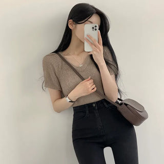 Subtle Colors, Boucle Hacci V-Neck Short Sleeve Knit