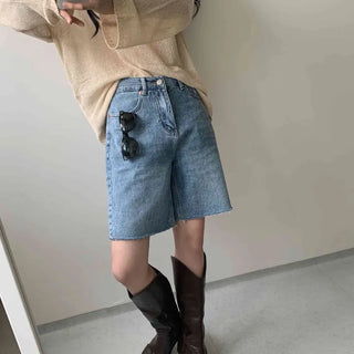 [Long-Legs Look!] Vintage Washed High-Waisted Knee-Length Denim Shorts