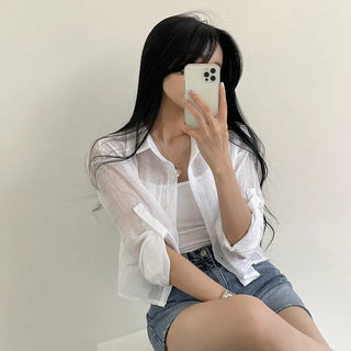 Sun Protection! Loose-fit See-through Gauze Crop Long-Sleeve Shirt Capturing a Delicate Look
