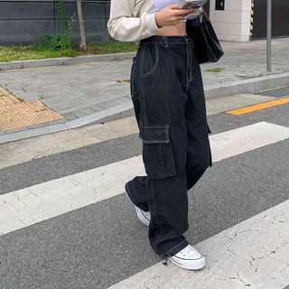 [Elastic Waist at Back/Unisex] Unique Pocket Raw Denim Wide Cargo Pants (2 colors)