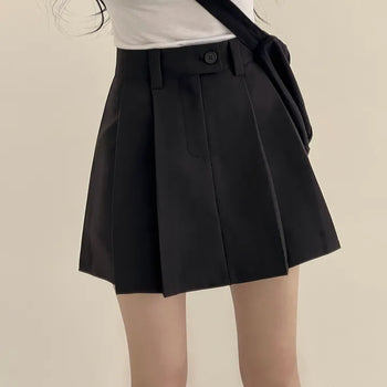Trendy Mood, High-Waisted Diagonal Button Pleated Mini Skirt