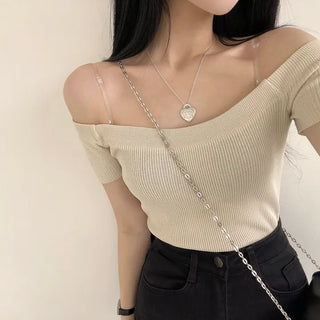 Color Masterpiece, Off-shoulder Ribbed Short Sleeve Knit