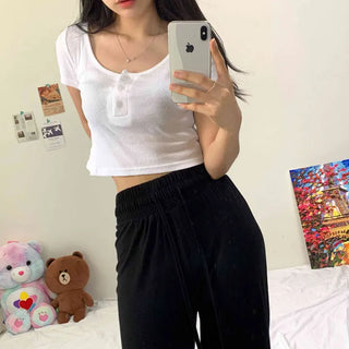 [Slim Fit] Fit Guaranteed Three-Button Ribbed Crop Short Sleeve T-Shirt (4 colors)
