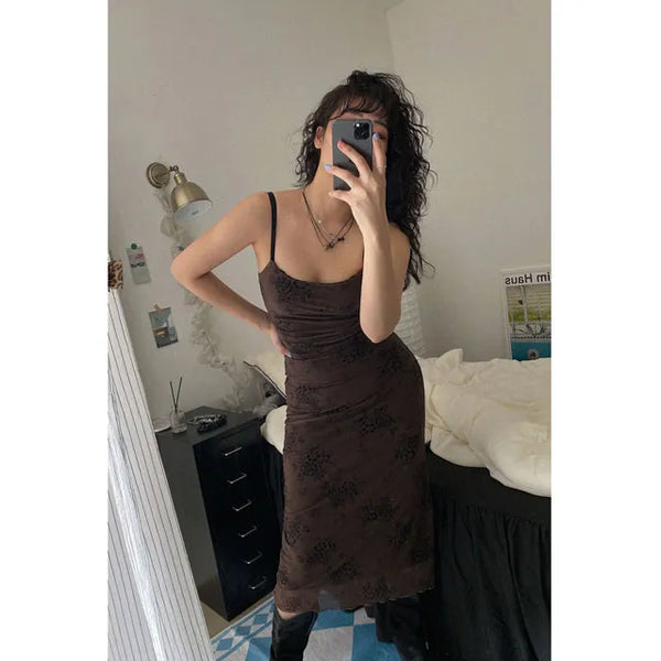 Brown Oriental Floral Mesh Double Dress
