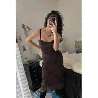 Brown Oriental Floral Mesh Double Dress