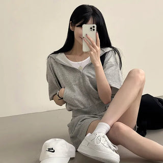 Swing-Around~ Loose Fit Cropped Short Sleeve Zip-Up Hoodie